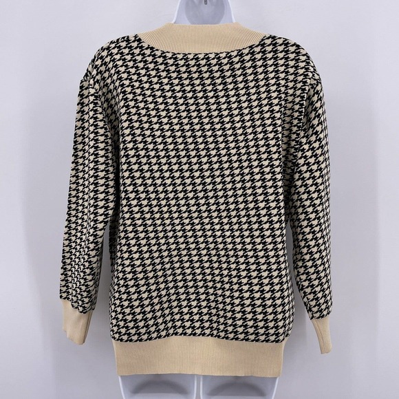 Black Tan Houndstooth V Neck Sweater Shein Sz M Long Sleeve Stretch Viscose - Picture 5 of 8